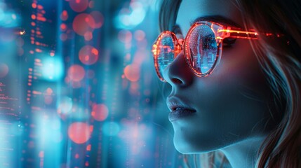 An imaginative portrayal of a bespectacled female engrossed in the realm of cutting-edge coding and computational analytics. - obrazy, fototapety, plakaty