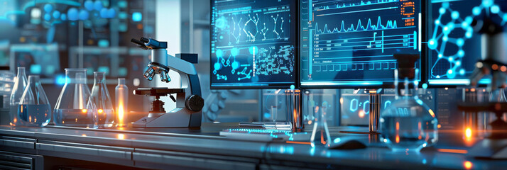 High-Tech Scientific Laboratory Equipment. State-of-the-art laboratory with interactive digital displays and advanced research equipment.