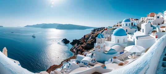 Santorini thira island greece daytime panorama  fira and oia towns overlooking cliffs and beaches