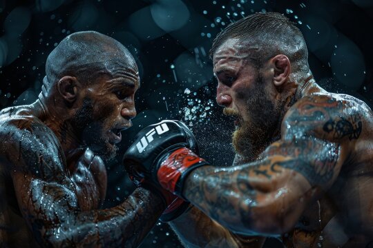Two muscular MMA athletes engage in a fight, showcasing strength and determination, captured in high detail with dynamic water effects