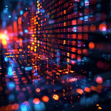 A blurry bokeh lights background with detailed software code overlaid on top