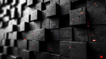 Bold pattern of abstract black cubes with vibrant red glowing accents, conveying a sense of energy and urgency
