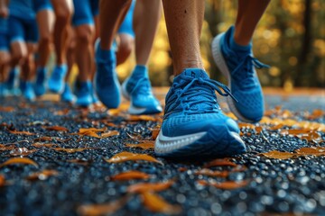 Detailed shot of runners' feet with blue shoes on a wet road, showcasing the intensity of marathon running