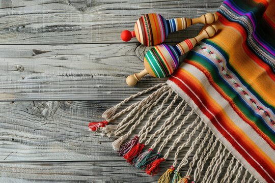 Cinco de Mayo background image on with maracas and serape on wooden rustic boards - generative ai