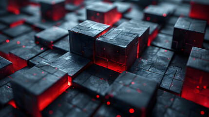 A close-up image of numerous 3D rendered cubes with a glowing red and blue light coming from within - obrazy, fototapety, plakaty