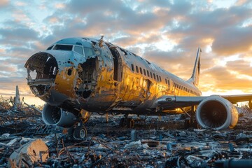Golden hour lighting plays over the wreckage of an airplane post a fiery disaster, highlighting the ruined fuselage