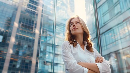a classy businesswoman in formal wear stands before a glass window with her hands clasped, amidst tall buildings