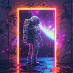 astronaut in a suit going through a neon door in space