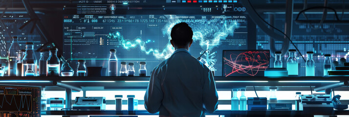 Vision of Science: Analyzing the DNA of Innovation. In a futuristic laboratory, a scientist examines DNA structures, illuminated by digital data and innovative technology.