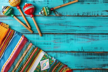 Cinco de Mayo background image on with maracas and serape on wooden rustic boards - generative ai - obrazy, fototapety, plakaty