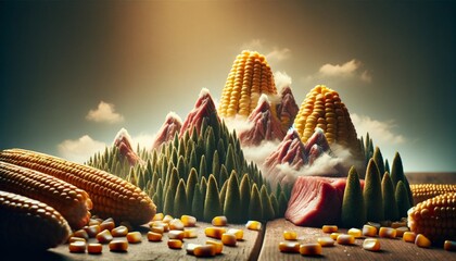 Mountains of Corn and Meat in Miniature Food Scene - obrazy, fototapety, plakaty