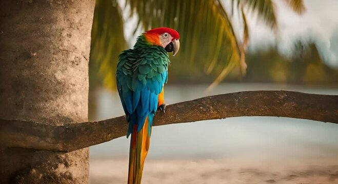 A bright, colorful parrot Macaw Ara sits on a palm branch by the ocean shore. International Bird Day. World Wildlife Day.