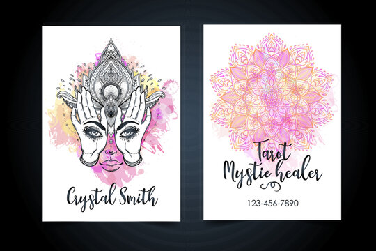 Fortune teller, spiritual coach, mystic healer business card design template. Vector illustration. Magic woman.