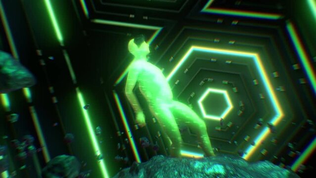 A surreal abstract looping sequence featuring a figure in a tight suit dancing on a floating rock formation, with meteors and pulsating neon lights.