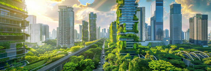 Eco-Friendly Urban Forest. Verdant green high-rises tower over an urban park, illustrating a harmonious blend of city living and eco-conscious design. - obrazy, fototapety, plakaty