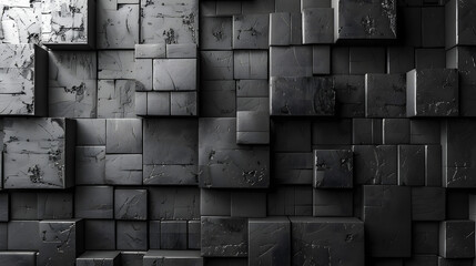 Dynamic image of various sized black textured cubes creating a wall of chaotic and complex patterns