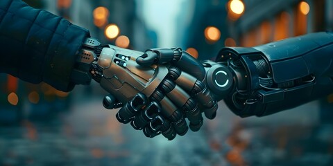 Robotic and human hands unite in a handshake representing technology and humanity. Concept Technology, Humanity, Robotic Hands, Human Connection, Innovation