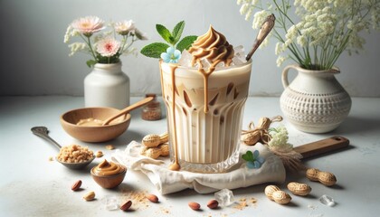 Fototapeta na wymiar Ice Latte with Peanut Butter and Flowers on White Marble Countertop
