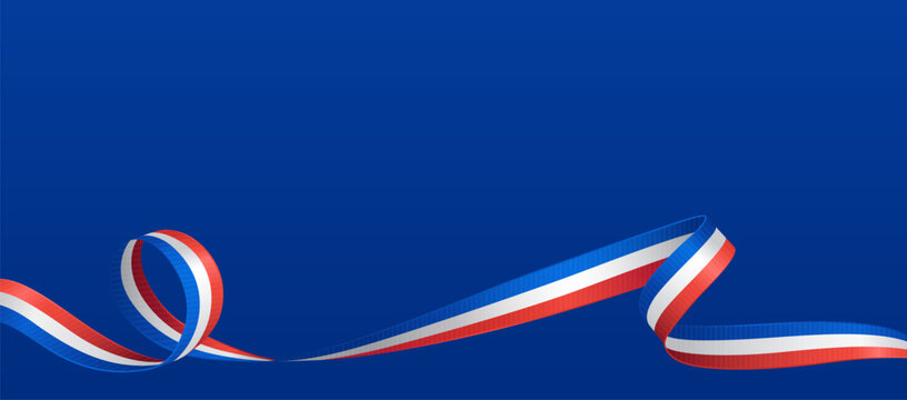 French flag ribbon. Curly ribbon on blue background. Vector illustration.