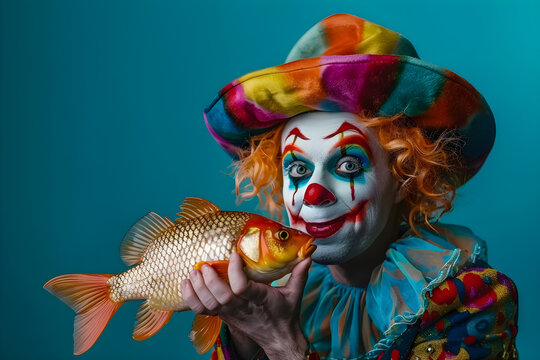A funny clown in a huge stupid hat holds a big fish in his hand on a blue background, the concept of April Fool's Day on April 1st.