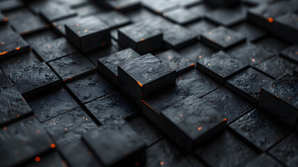 A detailed image of a 3D black cube surface with glowing ember-like sparks suggesting energy and vibrance amidst the darkness