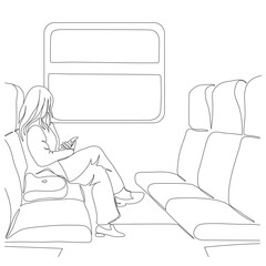 Woman in local train sitting and looking through window. Holding mobile phone in hands. Black and white vector illustration in line art style.