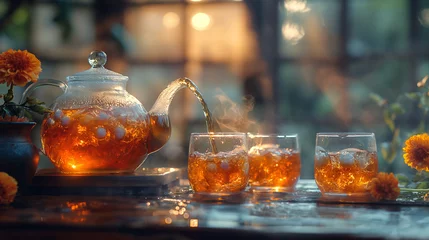 Deurstickers Fresh tea pours into a glass. © Janis Smits