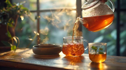 Tafelkleed Fresh tea pours into a glass. © Janis Smits