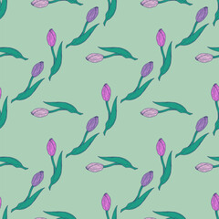Seamless pattern with violet and pink tulips on light green background.  Vector image.