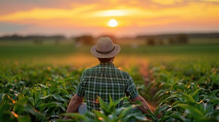 farmer or agronomist is working at his corn field. - obrazy, fototapety, plakaty