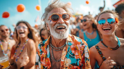 Cheerful senior man during a music festival among younger people