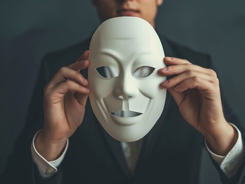 A person holding a plain white mask in front of their face, symbolizing hidden identity or disguise.