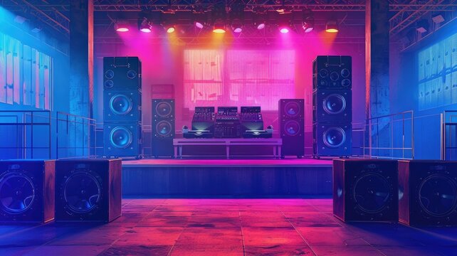 DJ decks on stage under colorful lights and speakers - Empty DJ stage with extensive speakers and a DJ setup bathed in purple and blue lights