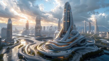 Futuristic cityscape with organic architecture - An ultramodern cityscape with towering skyscrapers and organic design architecture illuminated by sunrise - obrazy, fototapety, plakaty