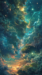 Fototapeta na wymiar Narrow vertical view of stellar clouds and foliage - A surreal narrow vertical view combining lush green foliage with a backdrop of star-filled clouds and cosmic energy