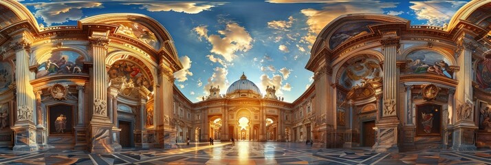 Breathtaking Vatican City Panoramic View - Captivating 360 degrees view of iconic Vatican architecture filled with frescoes and sculptures - obrazy, fototapety, plakaty