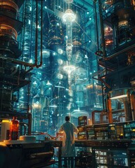 Sci-fi industrial city interior concept art - An atmospheric digital drawing showing the interior of a highly detailed, industrial sci-fi city with a futuristic vibe