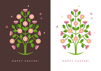 Easter floral greeting card, banner or poster design with an abstract blooming flower, blossom tree illustration in a shape of egg.