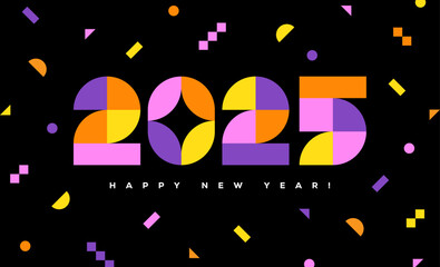 Happy New Year 2025 greeting card or banner design with colorful geometric numbers on black background.