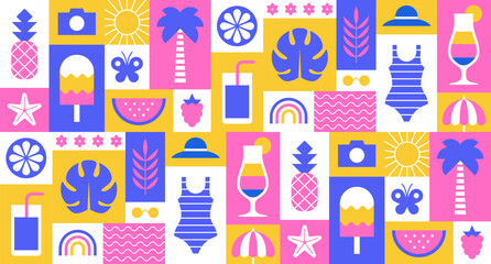 Colorful summer seamless pattern, geometric background with symbols and icons in blocks.