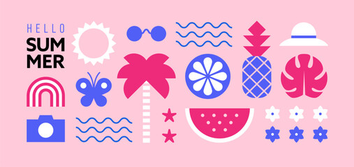 Horizontal summer banner or background with abstract geometric shapes, icons and symbols on pink background. - 764040634