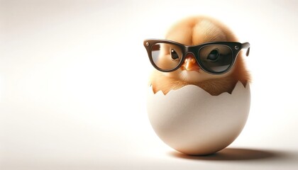 Charming Chick with Sunglasses Perched on Egg in Studio Shot