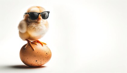 Charming Chick with Sunglasses Perched on Egg in Studio Shot