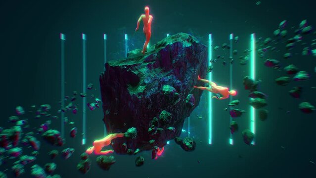 A surreal abstract looping sequence featuring a group of figures wearing skin tight suits and dancing on a floating rock formation, with meteors and pulsating neon lights.