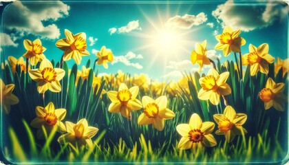 Fototapeta na wymiar Spring Landscape with Daffodils and Grass on Blue Sky