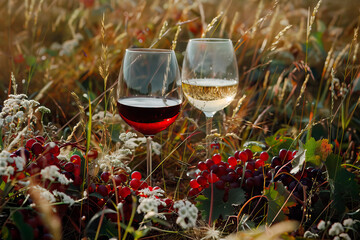 glasses of red and white wine and grapes in field background - obrazy, fototapety, plakaty