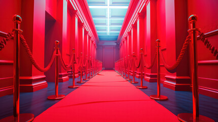 Presentation with red carpet Red Event Carpet, Stair and Gold Rope Barrier Concept of Success and Triumph.
