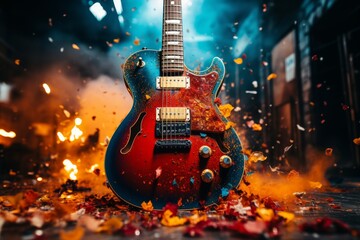 Artistic fine art collage  electric guitar and musical notes composition in poster style