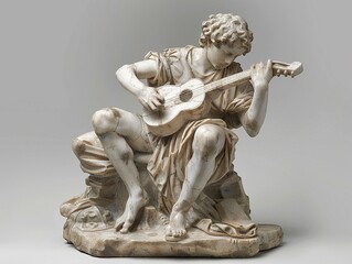 A sculpture in marble of a figure in the midst of recreation perhaps playing a lute or sketching reflecting the Renaissance celebration of the human form and creativity