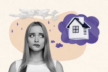 Photo collage creative picture young upset girl thinking relocation new house dwelling rainy...